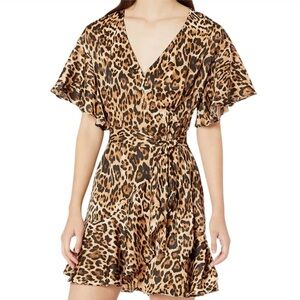 BB Dakota Women's Wild Card Leopard Printed Matte Satin Wrap Mini Ruffle Dress